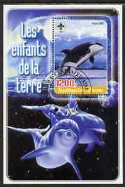 Central African Republic 2005 Young Animals of the World #6 (Whales & Dolphins) perf souvenir sheet containing 1 value with Scout logo, fine cto used, stamps on , stamps on  stamps on animals, stamps on  stamps on scouts, stamps on  stamps on whales, stamps on  stamps on dolphins, stamps on  stamps on mammals