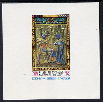 Sharjah 1968 Egyptology imperf sheetlet containing 35 Dh value (Tutankhamun) as Mi 458 unmounted mint, stamps on , stamps on  stamps on egyptology, stamps on  stamps on history, stamps on  stamps on tourism