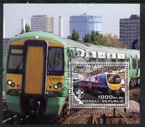 Somalia 2006 Modern Trains #4 perf souvenir sheet with Scout Logo, fine cto used, stamps on railways, stamps on scouts