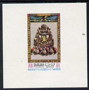 Sharjah 1968 Egyptology imperf sheetlet containing 45 Dh value (Jewelled Charm) as Mi 459 unmounted mint, stamps on artefacts  egyptology   history  jewellry