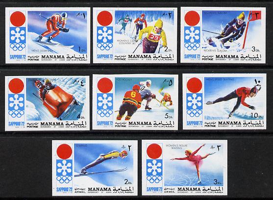 Manama 1971 Sapporo Winter Olympics imperf set of 8 unmounted mint, Mi 562-69B*, stamps on , stamps on  stamps on sport, stamps on  stamps on ice hockey, stamps on  stamps on bobsled, stamps on  stamps on skiing, stamps on  stamps on skating, stamps on  stamps on olympics