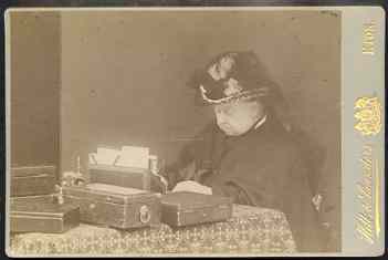 Great Britain 1880c cabinet size photograph of QUEEN VICTORIA at her dispatch boxes mounted on board, by Hills & Saunders of Eton.,The Queen is wearing bonnet and cloak s..., stamps on royalty