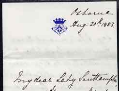 Great Britain 1883 Handwritten letter from PRINCESS BEATRICE on monogrammed note-paper sent from Osborne House with matching envelope (damaged where stamp has been torn away).  The Princess thanks Lady Southampton for a perfume spray. (Lady Ismay Southampton was Lady-in-Waiting to Queen Victoria from 1878 until her death in 1901 and close friend to the Princess), stamps on , stamps on  stamps on royalty