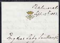 Great Britain 1883 Handwritten letter from PRINCESS BEATRICE on monogrammed note-paper sent from Balmoral with matching envelope.  Letter requests Lady Southampton to write on her behalf to the widow of Dr Bertier and also mentions the Queen's French masseuse. Cover with fair strikes of Caledonian TPO/ Day Up cds.  (Lady Ismay Southampton was Lady-in-Waiting to Queen Victoria from 1878 until her death in 1901 and close friend to the Princess), stamps on , stamps on  stamps on royalty