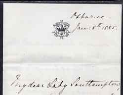 Great Britain 1885 Handwritten letter from PRINCESS BEATRICE on monogrammed note-paper sent from Osborne House with matching envelope.  Letter to Lady Southampton discusses the Queen's attitude to her engagement to Prince Henry, announced the previous week. Cover with fine strike of the scarce Portsmouth Sorting Carriage (used on mail from Osborne) and London  red 'F' query mark, possibly due to the Princess's confusing spelling of 'Barnbury'.  (Lady Ismay Southampton was Lady-in-Waiting to Queen Victoria from 1878 until her death in 1901 and close friend to the Princess), stamps on , stamps on  stamps on royalty