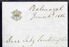 Great Britain 1886 Handwritten letter from PRINCESS BEATRICE on monogrammed note-paper sent from Balmoral with matching envelope with flap missing. Letter sent on behalf of the Queen requests Lady Southampton to find out about a nurse. (Lady Ismay Southampton was Lady-in-Waiting to Queen Victoria from 1878 until her death in 1901 and close friend to the Princess), stamps on , stamps on stamps on royalty