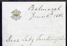 Great Britain 1886 Handwritten letter from PRINCESS BEATRICE on monogrammed note-paper sent from Balmoral with matching envelope with flap missing.  Letter sent on behalf of the Queen requests Lady Southampton to find out about a nurse.  (Lady Ismay Southampton was Lady-in-Waiting to Queen Victoria from 1878 until her death in 1901 and close friend to the Princess), stamps on , stamps on  stamps on royalty