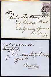 Great Britain 1886 Handwritten note from PRINCESS BEATRICE on monogrammed card sent from Balmoral with matching envelope to Lady Southampton.  The note states that she (the Queen) does not think that the nursery maid was suitable.  (Lady Ismay Southampton was Lady-in-Waiting to Queen Victoria from 1878 until her death in 1901 and close friend to the Princess), stamps on , stamps on  stamps on royalty