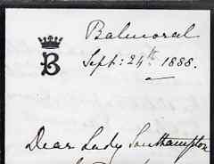 Great Britain 1888 Handwritten letter from PRINCESS BEATRICE on monogrammed mourning note-paper sent from Balmoral with matching envelope (roughly opened).  The Princess thanks Lady Southampton for a pair of slippers she had made for her son, Alexander.  The cover bears 1d stamp tied by Caledonian TPO/Day Up cds.  (Lady Ismay Southampton was Lady-in-Waiting to Queen Victoria from 1878 until her death in 1901 and close friend to the Princess), stamps on , stamps on  stamps on royalty