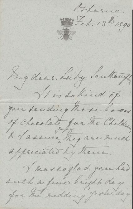 Great Britain 1890 Handwritten letter from PRINCESS BEATRICE on monogrammed (Crown over Bee) note-paper sent from Osborne House. The Princess thanks Lady Southampton for some boxes of chocolates she had sent to her children. (Lady Ismay Southampton was Lady-in-Waiting to Queen Victoria from 1878 until her death in 1901 and close friend to the Princess), stamps on , stamps on stamps on royalty