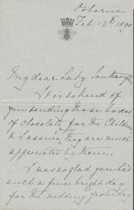 Great Britain 1890 Handwritten letter from PRINCESS BEATRICE on monogrammed (Crown over Bee) note-paper sent from Osborne House.  The Princess thanks Lady Southampton for some boxes of chocolates she had sent to her children.  (Lady Ismay Southampton was Lady-in-Waiting to Queen Victoria from 1878 until her death in 1901 and close friend to the Princess), stamps on , stamps on  stamps on royalty