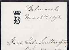 Great Britain 1893 Handwritten letter from PRINCESS BEATRICE on monogrammed mourning note-paper sent from Balmoral with matching envelope.  The Princess offers Lady Southampton congratulations on the birth of her grandson and says that the Queen wishes to be a sponsor to the child.  (Lady Ismay Southampton was Lady-in-Waiting to Queen Victoria from 1878 until her death in 1901 and close friend to the Princess), stamps on , stamps on  stamps on royalty