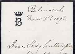 Great Britain 1893 Handwritten letter from PRINCESS BEATRICE on monogrammed mourning note-paper sent from Balmoral with matching envelope. The Princess offers Lady Southampton congratulations on the birth of her grandson and says that the Queen wishes to be a sponsor to the child. (Lady Ismay Southampton was Lady-in-Waiting to Queen Victoria from 1878 until her death in 1901 and close friend to the Princess), stamps on , stamps on stamps on royalty