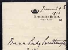 Great Britain 1910 Handwritten letter from PRINCESS BEATRICE on monogrammed mourning note-paper sent from Kensington Palace with matching envelope.  The Princess thanks Lady Southampton for her letter of sympathy over the death of her brother (KING EDWARD VII).  (Lady Ismay Southampton was Lady-in-Waiting to Queen Victoria from 1878 until her death in 1901 and close friend to the Princess), stamps on , stamps on  stamps on royalty