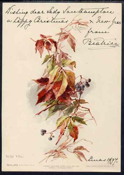 Great Britain 1897 Handsome large Christmas card (135 x 195 mm) from PRINCESS BEATRICE, depicting Wild Vine with ink inscription 'Wishing dear Lady Southampton a happy Christmas & New Year from Beatrice, Xmas 1897'. Plus original envelope addressed by the Princess and piece of Osborne mourning note-paper used to wrap the card.  (Lady Ismay Southampton was Lady-in-Waiting to Queen Victoria from 1878 until her death in 1901 and close friend to the Princess), stamps on , stamps on  stamps on royalty, stamps on  stamps on christmas