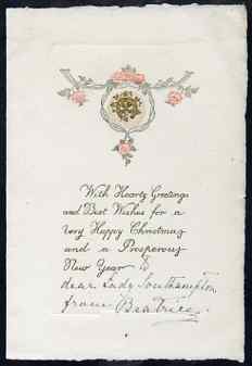 Great Britain 1904 Christmas card from PRINCESS BEATRICE with ink inscription To dear Lady Southampton from Beatrice. Plus original envelope addressed by the Princess to ..., stamps on royalty, stamps on christmas