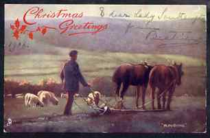 Great Britain 1906 Tuck Oilette Christmas card from PRINCESS BEATRICE with ink inscription 'To dear Lady Southampton from Beatrice'. Card shows a ploughman with team of horses overprinted with Christmas Greetings. Plus ppc of Princess Ena, daughter of Princess Beatrice, and her husband, the King of Spain. (Lady Ismay Southampton was Lady-in-Waiting to Queen Victoria from 1878 until her death in 1901 and close friend of Beatrice), stamps on , stamps on stamps on royalty, stamps on stamps on christmas
