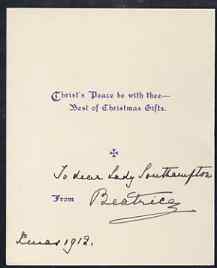 Great Britain 1912 Christmas hymn in the form of a small booklet (Bells Across the Snow) from PRINCESS BEATRICE with ink inscription To dear Lady Southampton (from) Beatr..., stamps on royalty, stamps on christmas