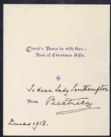 Great Britain 1912 Christmas hymn in the form of a small booklet (Bells Across the Snow) from PRINCESS BEATRICE with ink inscription 'To dear Lady Southampton (from) Beatrice, Xmas 1912'.  Plus original envelope addressed in the Princess's hand and postmarked Kensington Krag.  (Lady Ismay Southampton was Lady-in-Waiting to Queen Victoria from 1878 until her death in 1901 and close friend to the Princess)