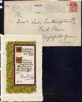 Great Britain 1913 parchment Christmas card with illuminated initial from PRINCESS BEATRICE (from the Lady Southampton estate) simply signed Beatrice, 1913, plus original envelope addressed in Princess's hand with Kensington Krag cancel. (Lady Ismay Southampton was Lady-in-Waiting to Queen Victoria from 1878 until her death in 1901 and close friend to the Princess), stamps on , stamps on stamps on royalty, stamps on stamps on christmas