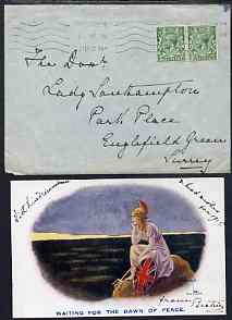 Great Britain 1914 Patriotic Christmas card (Britannia waiting for the dawn of Peace) from PRINCESS BEATRICE to Lady Southampton inscribed 'With kind rememberance & best wishes for 1915 from Beatrice', plus original envelope addressed in Princess's hand with Kensington Krag cancel. (Lady Ismay Southampton was Lady-in-Waiting to Queen Victoria from 1878 until her death in 1901 and close friend to the Princess), stamps on , stamps on  stamps on royalty, stamps on  stamps on christmas, stamps on  stamps on peace
