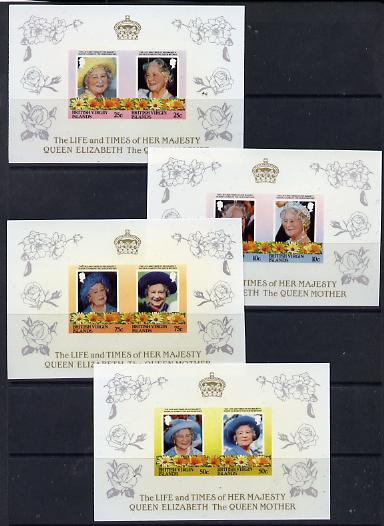 British Virgin Islands 1985 Life & Times of HM Queen Mother the set of 8 (4 se-tenant pairs) each pair in Cromalin (plastic coated proof) deluxe sheet format with silver ..., stamps on royalty, stamps on queen mother