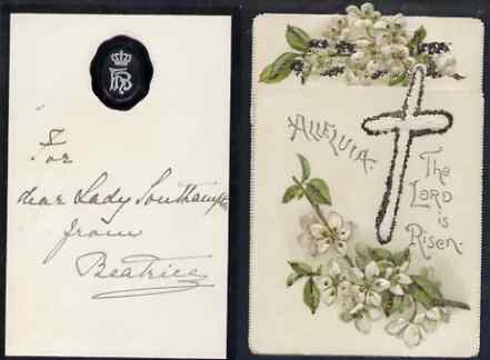Great Britain Undated Easter card from PRINCESS BEATRICE (from the Lady Southampton estate) plus enclosed small sheet of black-edged note-paper with HB monogram inscribed 'For Dear Lady Southampton from Beatrice'. (Lady Ismay Southampton was Lady-in-Waiting to Queen Victoria from 1878 until her death in 1901 and close friend to the Princess), stamps on , stamps on  stamps on royalty, stamps on  stamps on easter