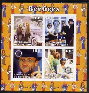 Ivory Coast 2003 The Bee Gees imperf sheetlet containing set of 4 values each with Rotary International Logo unmounted mint, stamps on , stamps on  stamps on personalities, stamps on  stamps on entertainments, stamps on  stamps on music, stamps on  stamps on pops, stamps on  stamps on rotary, stamps on  stamps on 