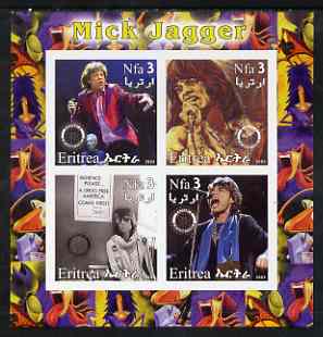 Eritrea 2003 Mick Jagger (Rolling Stones) imperf sheetlet containing set of 4 values each with Rotary International Logo unmounted mint, stamps on personalities, stamps on entertainments, stamps on music, stamps on pops, stamps on rotary, stamps on rock
