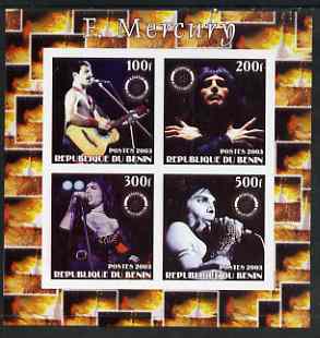 Benin 2003 Freddie Mercury (Queen pop group) imperf sheetlet containing set of 4 values each with Rotary International Logo unmounted mint, stamps on , stamps on  stamps on personalities, stamps on  stamps on entertainments, stamps on  stamps on music, stamps on  stamps on pops, stamps on  stamps on rotary