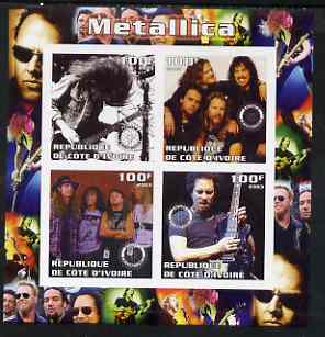 Ivory Coast 2003 Metallica imperf sheetlet containing set of 4 values each with Rotary International Logo unmounted mint, stamps on , stamps on  stamps on personalities, stamps on  stamps on entertainments, stamps on  stamps on music, stamps on  stamps on pops, stamps on  stamps on rotary, stamps on  stamps on rock