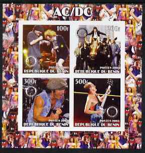 Benin 2003 AC/DC imperf sheetlet containing set of 4 values each with Rotary International Logo unmounted mint, stamps on , stamps on  stamps on personalities, stamps on  stamps on entertainments, stamps on  stamps on music, stamps on  stamps on pops, stamps on  stamps on rotary, stamps on  stamps on rock