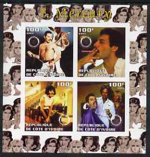 Ivory Coast 2003 Freddie Mercury (Queen pop group) imperf sheetlet containing set of 4 values each with Rotary International Logo unmounted mint, stamps on , stamps on  stamps on personalities, stamps on  stamps on entertainments, stamps on  stamps on music, stamps on  stamps on pops, stamps on  stamps on rotary