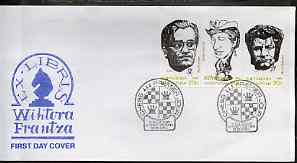 Kyrgyzstan 2000 Greatest Chess Champions (Caricatures) #1 perf strip of 3 on illustrated cover with special Chess cancellation, stamps on chess