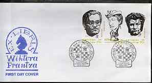 Kyrgyzstan 2000 Greatest Chess Champions (Caricatures) #1 perf strip of 3 on illustrated cover with special Chess cancellation, stamps on , stamps on  stamps on chess