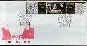 Kyrgyzstan 2000 Alexandre Alekhine #6 perf strip of 3 on illustrated cover with special Chess cancellation, stamps on chess, stamps on personalities