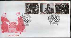 Kyrgyzstan 2000 History of Chess #2 perf strip of 3 on illustrated cover with special Chess cancellation, stamps on , stamps on  stamps on chess, stamps on  stamps on 