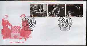 Kyrgyzstan 2000 History of Chess #3 perf strip of 3 on illustrated cover with special Chess cancellation, stamps on , stamps on  stamps on chess, stamps on  stamps on 