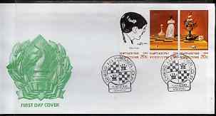Kyrgyzstan 2000 Chess in the 20th Century #1 perf strip of 3 on illustrated cover with special Chess cancellation, stamps on chess, stamps on 