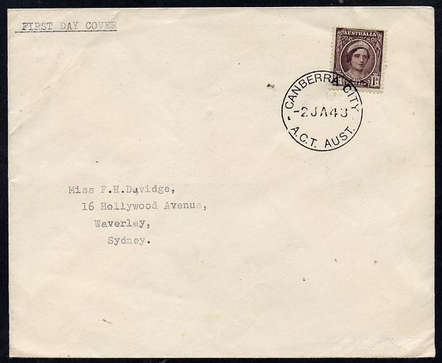 Australia 1943 KG6 1d brown-purple on plain typed addressed cover with clear first day cancel (SG203) stamp has been applied over the cancel and is almost certainly a maunfactured (forged) cover, stamps on , stamps on  stamps on , stamps on  stamps on  kg6 , stamps on  stamps on 