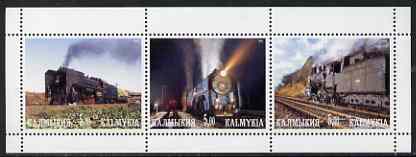 Kalmikia Republic 2001 Steam Trains #1 perf sheetlet containing 3 values unmounted mint, stamps on , stamps on  stamps on railways