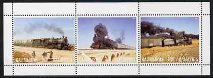 Kalmikia Republic 2001 Steam Trains #2 perf sheetlet containing 3 values unmounted mint, stamps on , stamps on  stamps on railways