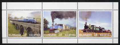 Kalmikia Republic 2001 Steam Trains #3 perf sheetlet containing 3 values unmounted mint, stamps on , stamps on  stamps on railways, stamps on  stamps on bridges