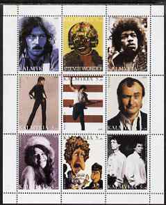 Kalmikia Republic 1999 Pop Stars perf sheetlet containing 9 values unmounted mint (Clapton, Stevie Wonder, Hendrix, Springsteen, Suzi Quatro, Phil Collins, Janis Joplin, ..., stamps on personalities, stamps on entertainments, stamps on pops, stamps on musuc, stamps on 