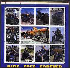 Kalmikia Republic 2000 Motorcycles perf sheetlet containing 12 values with dramatic 6.5mm upward shift of perforations (Country name at top instead of bottom) unmounted m..., stamps on motorbikes