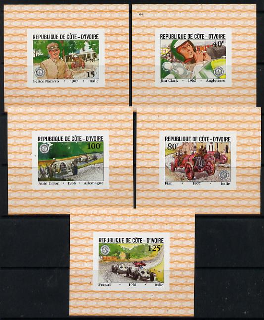 Ivory Coast 1981 French Grand Prix set of 5 unmounted mint deluxe miniature sheets, stamps on , stamps on  stamps on cars    racing cars     sport    auto union    fiat     ferrari      jim clark    nazarro