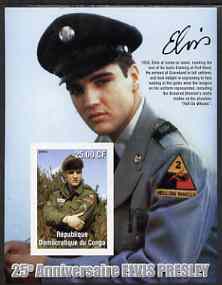 Congo 2002 25th Death Anniversary of Elvis Presley imperf souvenir sheet #6 (1958 colour pic of Elvis in GI uniform) unmounted mint, stamps on elvis, stamps on music, stamps on entertainments, stamps on films, stamps on uniforms