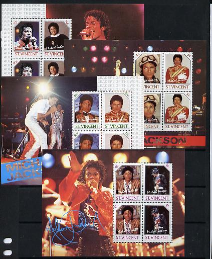 St Vincent 1985 Michael Jackson set of 4 m/sheets unmounted mint SG MS 948, stamps on music, stamps on personalities, stamps on pops, stamps on rock