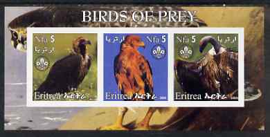 Eritrea 2002 Birds of Prey #1 imperf sheetlet containing set of 3 values each with Scouts Logo unmounted mint, stamps on , stamps on  stamps on birds, stamps on  stamps on birds of prey, stamps on  stamps on scouts