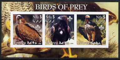 Eritrea 2002 Birds of Prey #2 imperf sheetlet containing set of 3 values each with Scouts Logo unmounted mint, stamps on , stamps on  stamps on birds, stamps on  stamps on birds of prey, stamps on  stamps on scouts